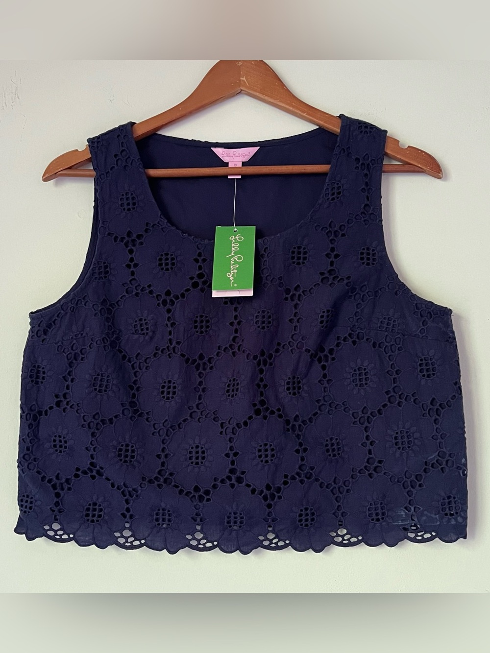 Lilly Pulitzer True Navy Lux Crop Top Cotton Lawn Jumbo Crossha Eyelet Sz 10 NWT